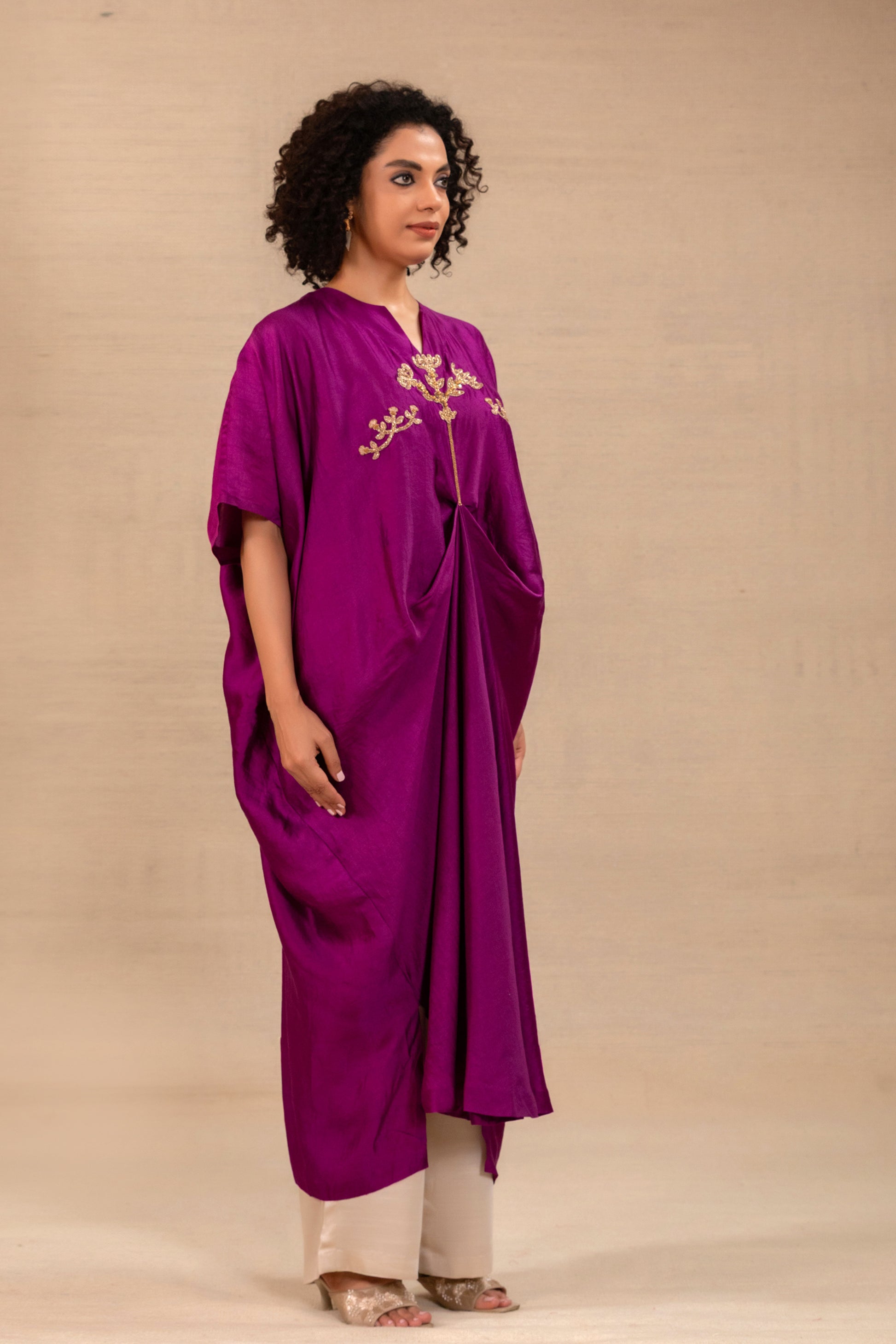 Model in a Purple folk-motif kaftan set with silk pants — Eeda Silsila