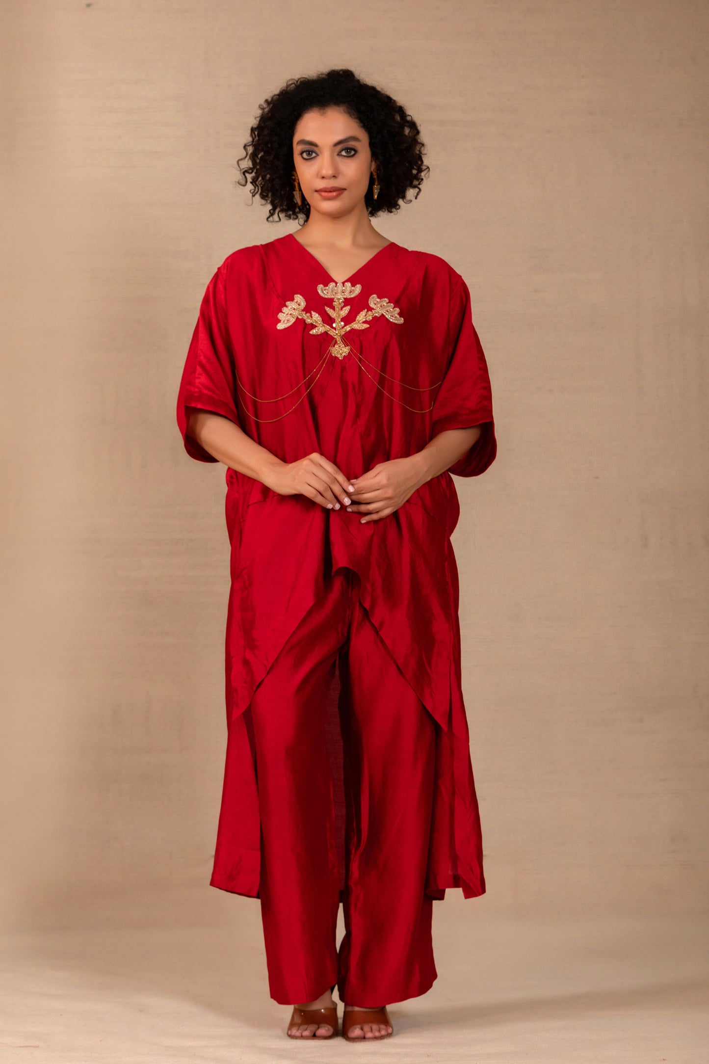 Red Chiniya-silk kaftan kurta set with hand-embroidered folk motif and chain detailing — Eeda Silsila