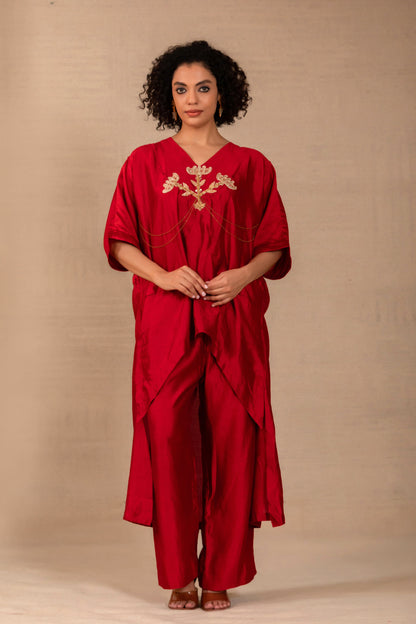 Red Chiniya-silk kaftan kurta set with hand-embroidered folk motif and chain detailing — Eeda Silsila