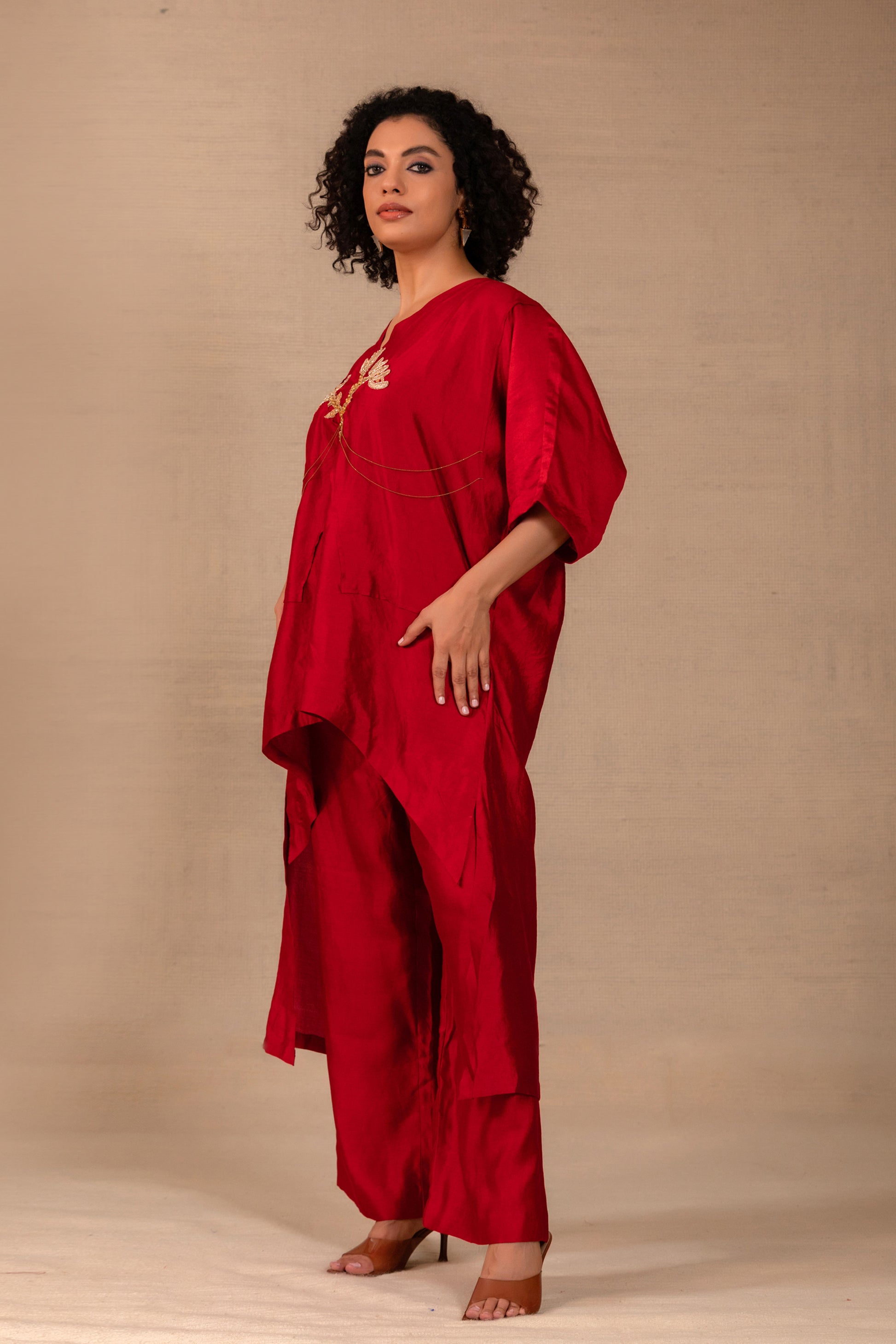 Red silk Indo-western co-ord set with high-low kaftan kurta and pants — Eeda Silsila