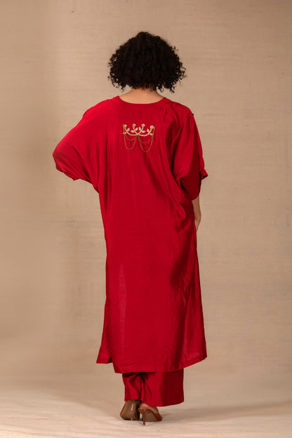 Silsila Silk Folk Motif Kurta Set - Maroon