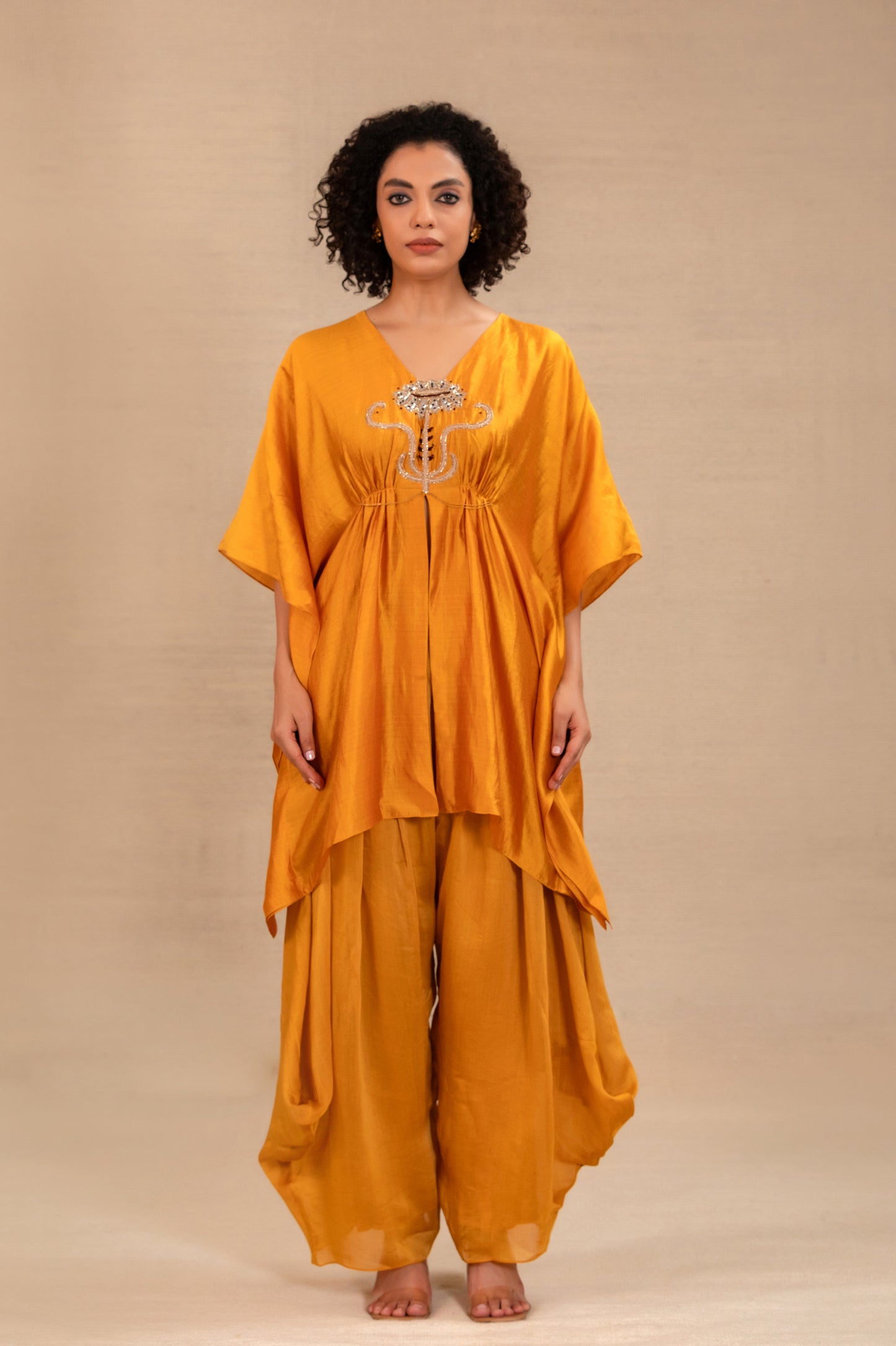 Mustard Chiniya-silk short kaftan set with draped pants and hand embroidery — Eeda Silsila