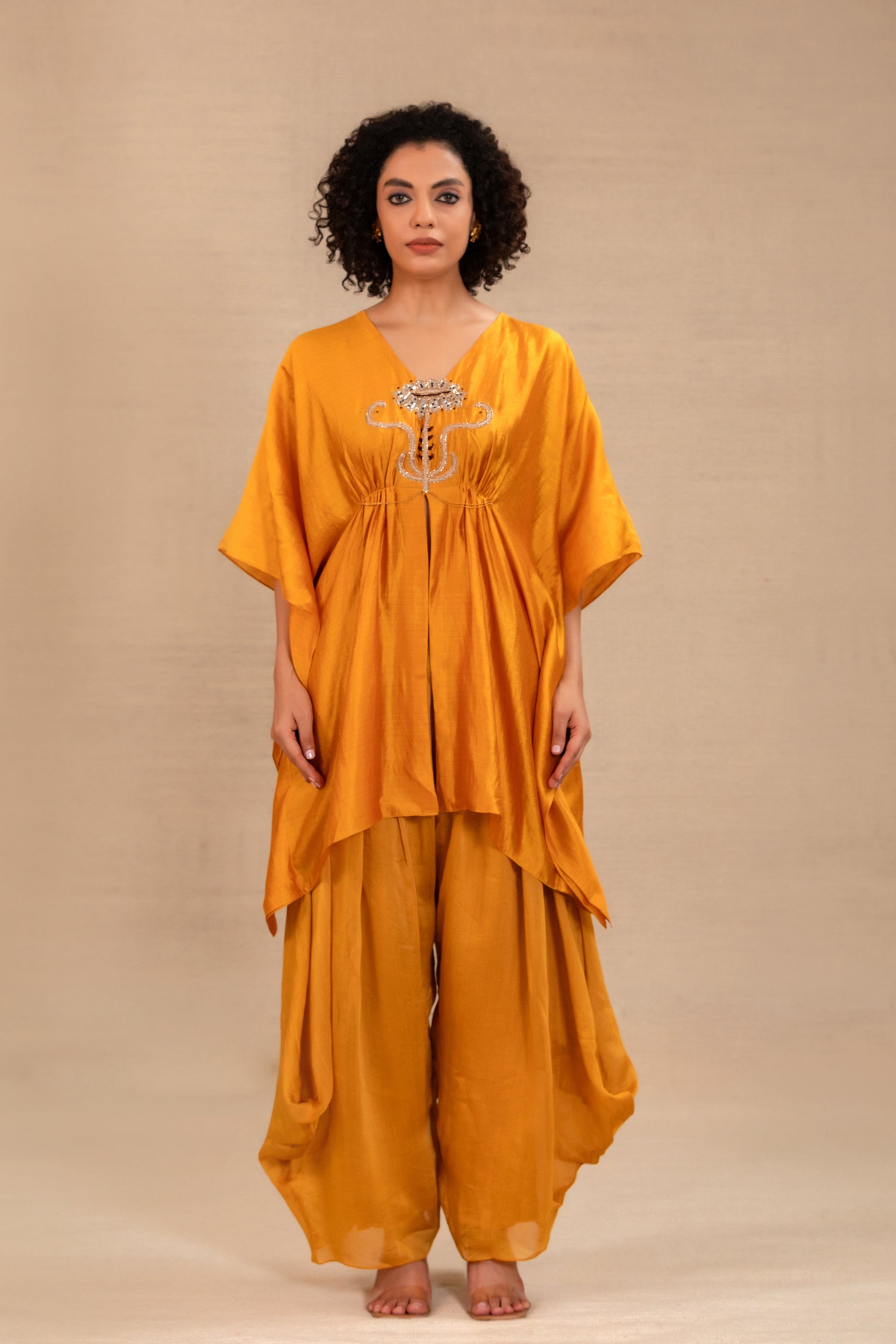 Mustard Chiniya-silk short kaftan set with draped pants and hand embroidery — Eeda Silsila