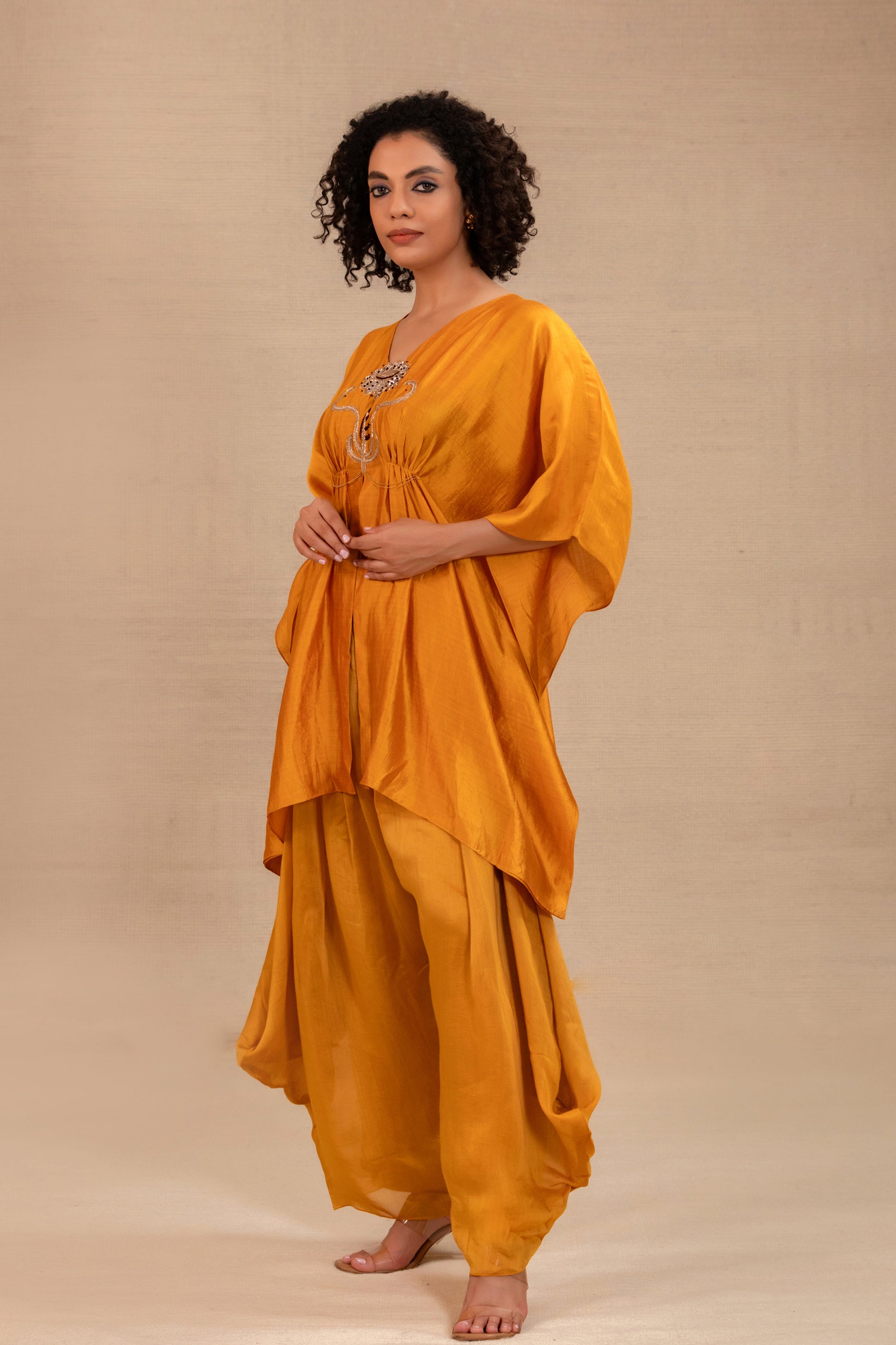Golden yellow silk Indian set with short kaftan top and cowl pants — Eeda Silsila