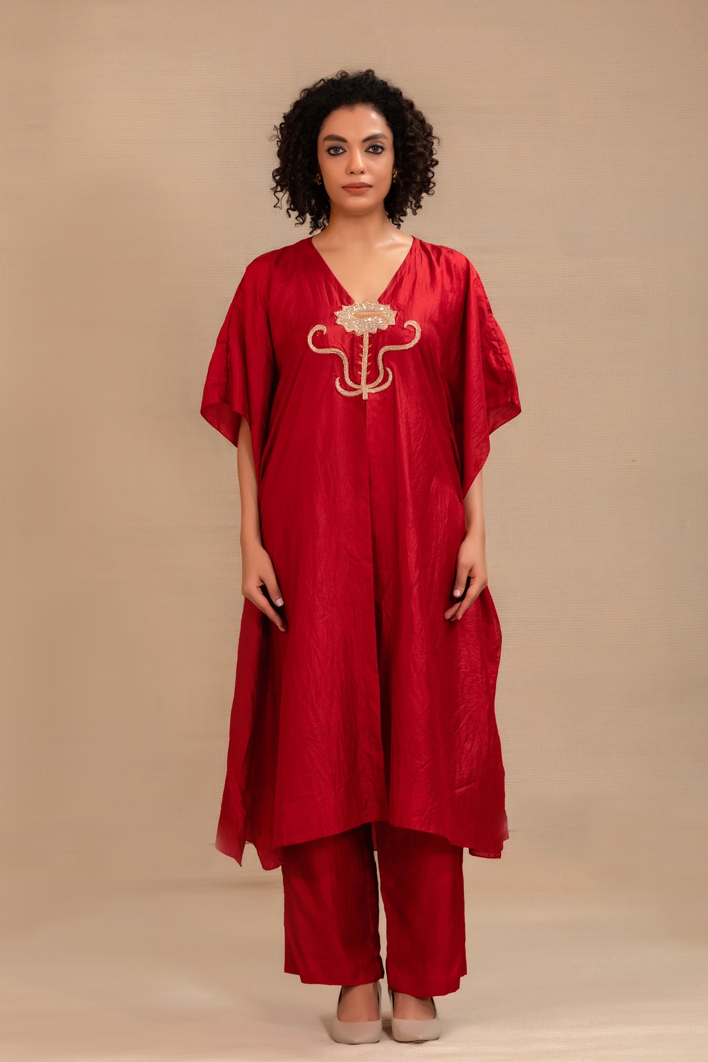 Maroon pure silk kurta set with a flower motif at the neck and straight pants — Eeda Silsila