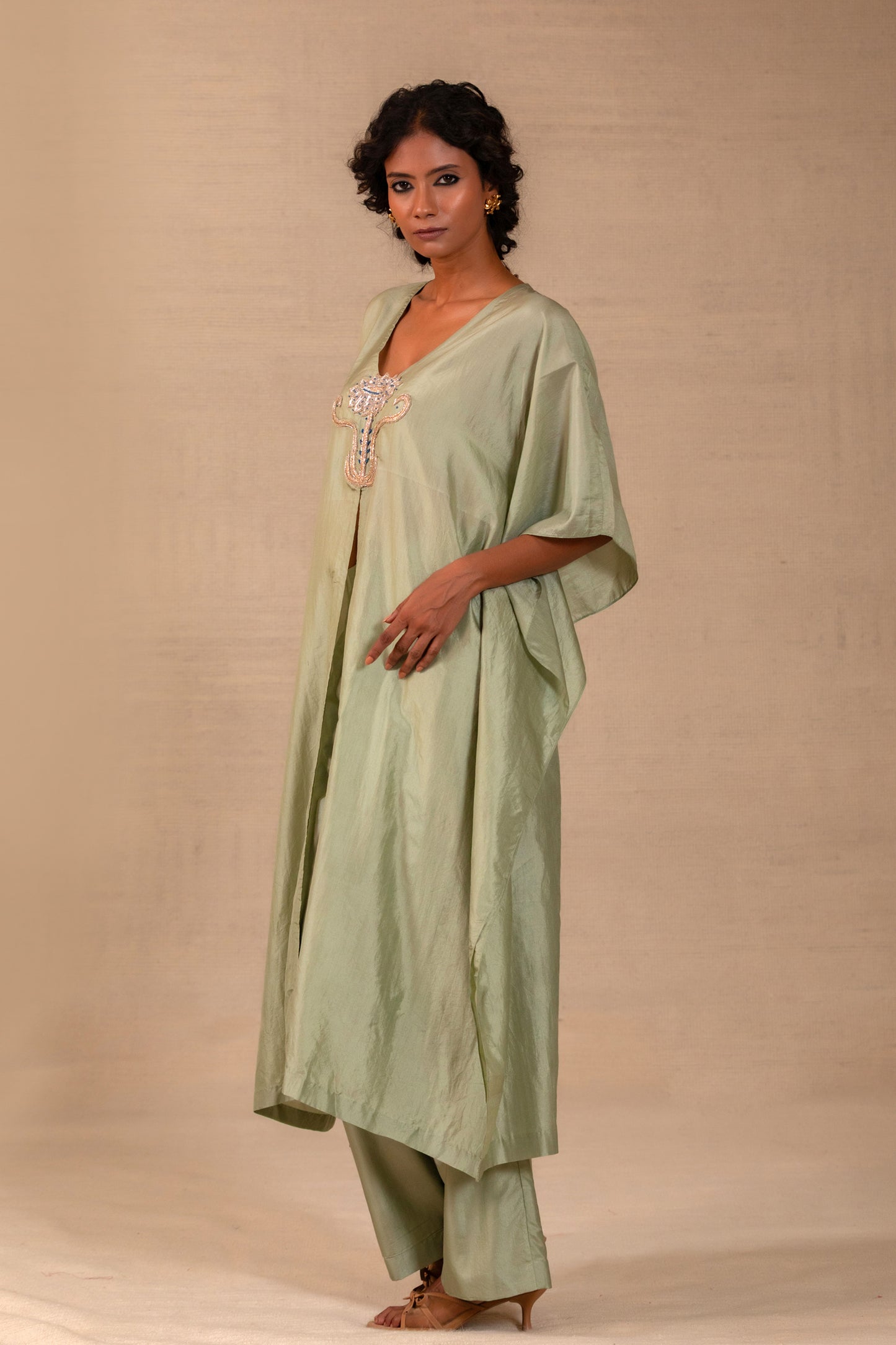 Sage green silk flower-motif kurta set, tonal neck embroidery, with matching pants — Eeda Silsila