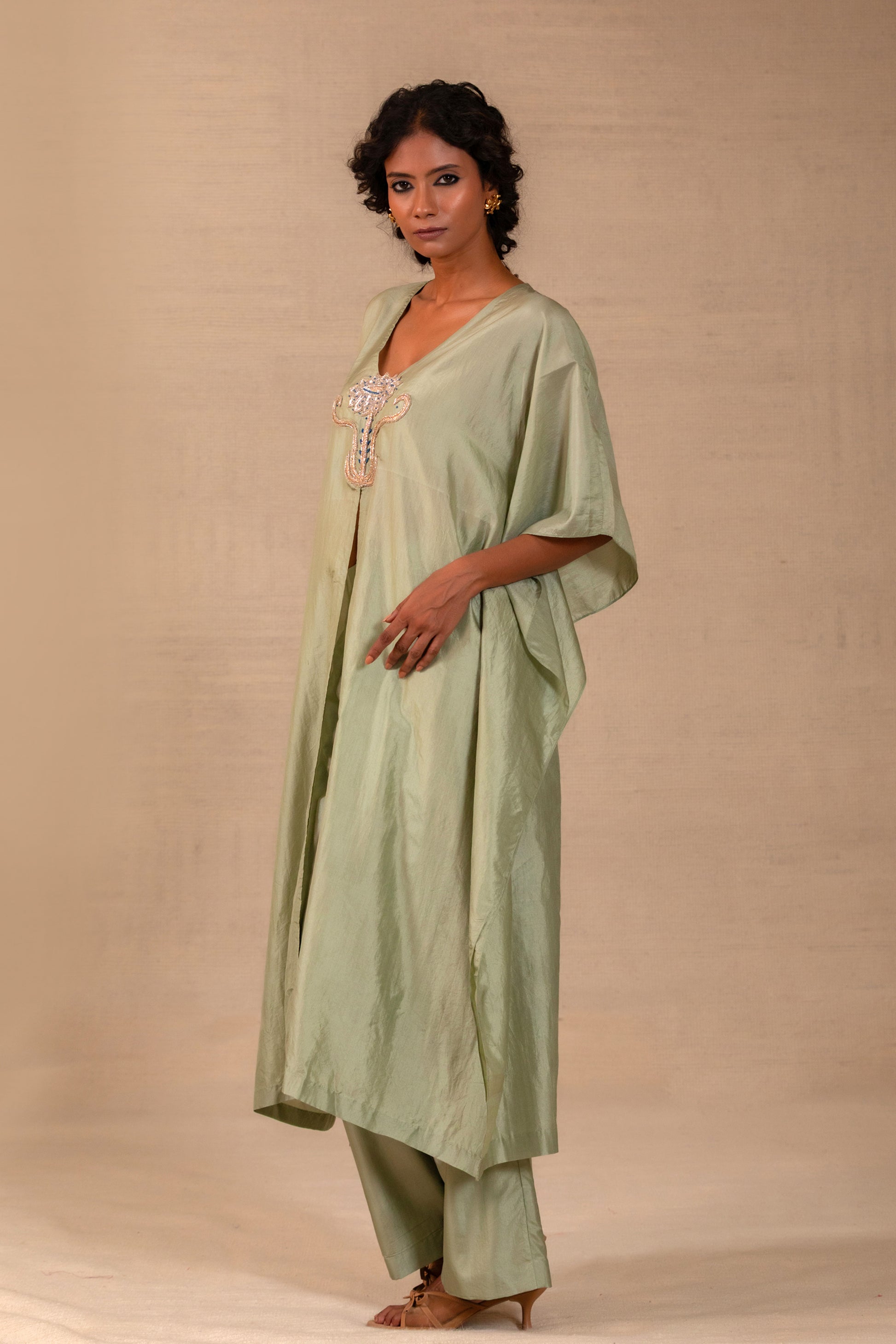 Sage green silk flower-motif kurta set, tonal neck embroidery, with matching pants — Eeda Silsila