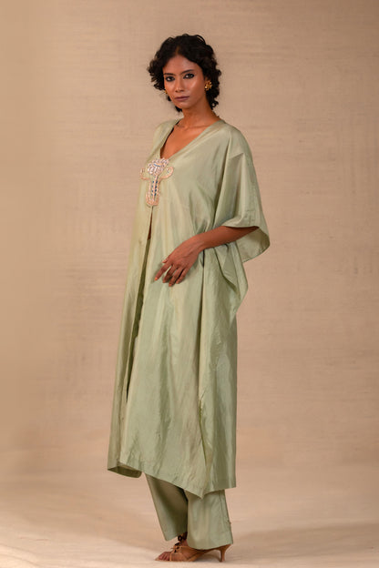 Sage green silk flower-motif kurta set, tonal neck embroidery, with matching pants — Eeda Silsila