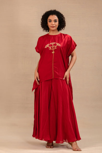 Red pure-silk kaftan tunic set with hand embroidery and wide palazzos — Eeda Silsila