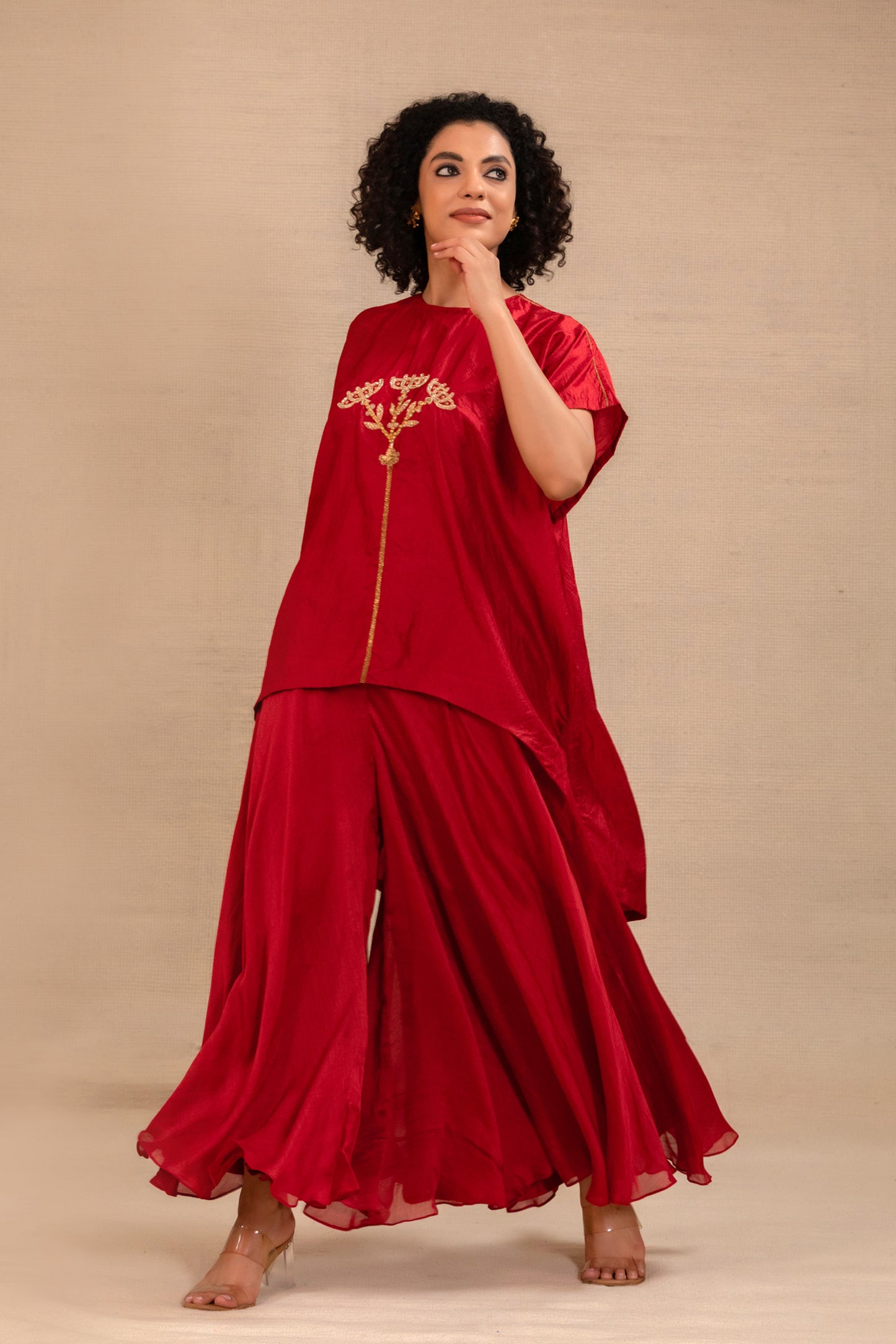 Red silk Indian co-ord set with high-low tunic and palazzo pants — Eeda Silsila