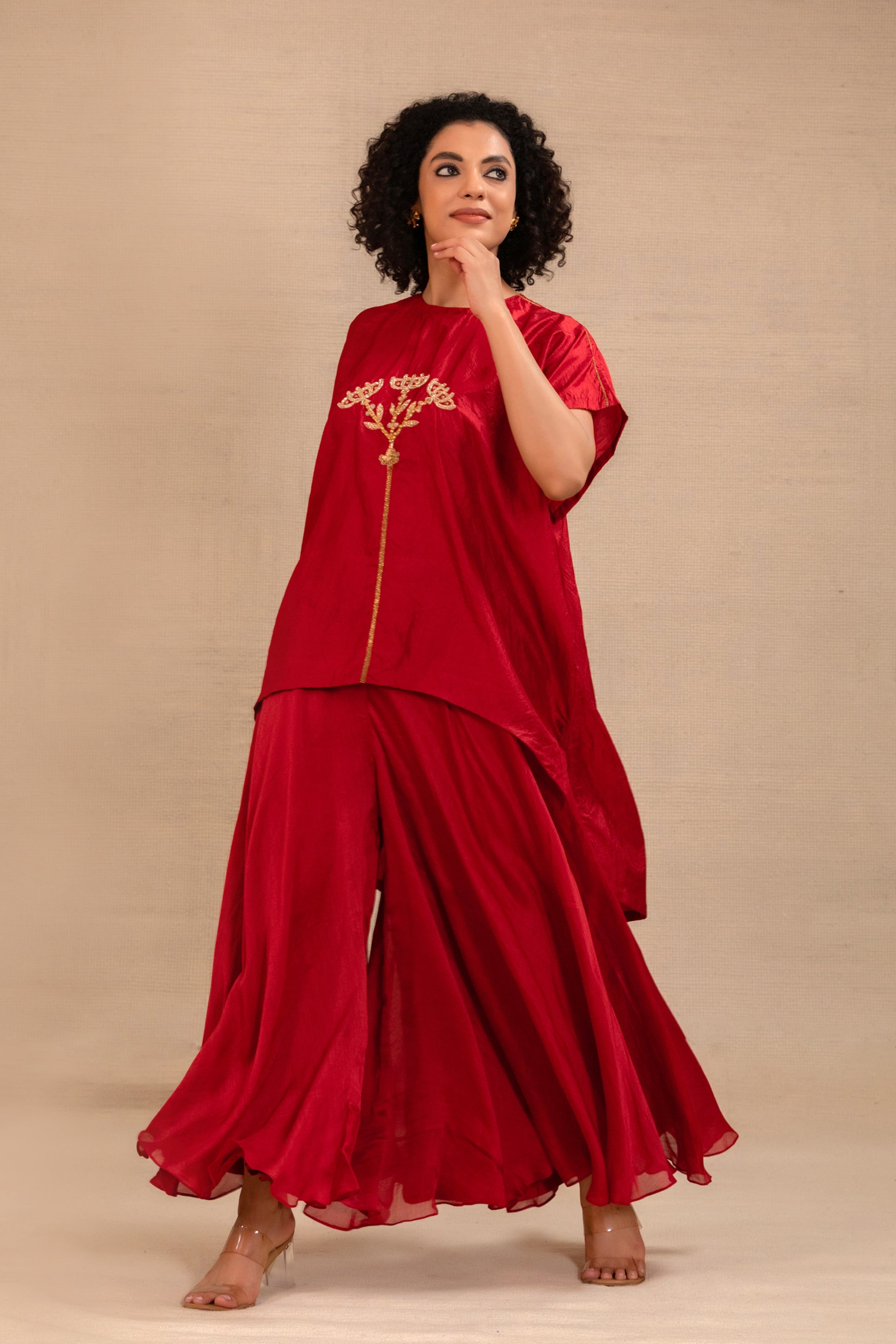 Red silk Indian co-ord set with high-low tunic and palazzo pants — Eeda Silsila