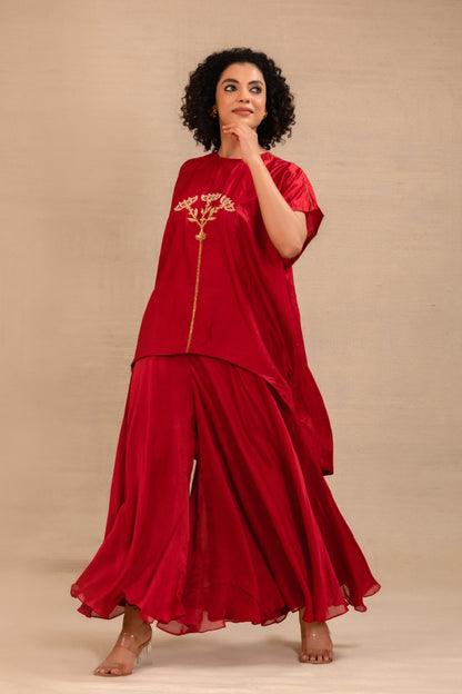 Red silk Indian co-ord set with high-low tunic and palazzo pants — Eeda Silsila