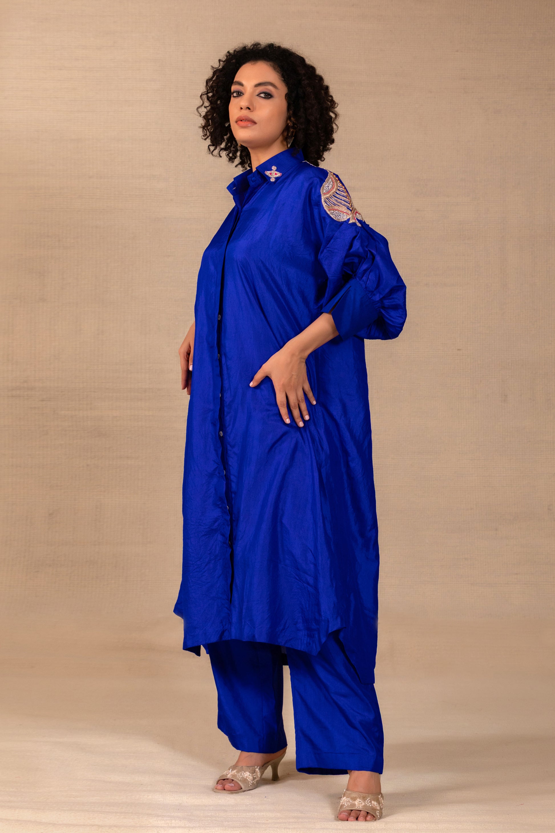 blue green silk co-ord kurta set with straight pants and subtle collar embroidery — Eeda Silsila