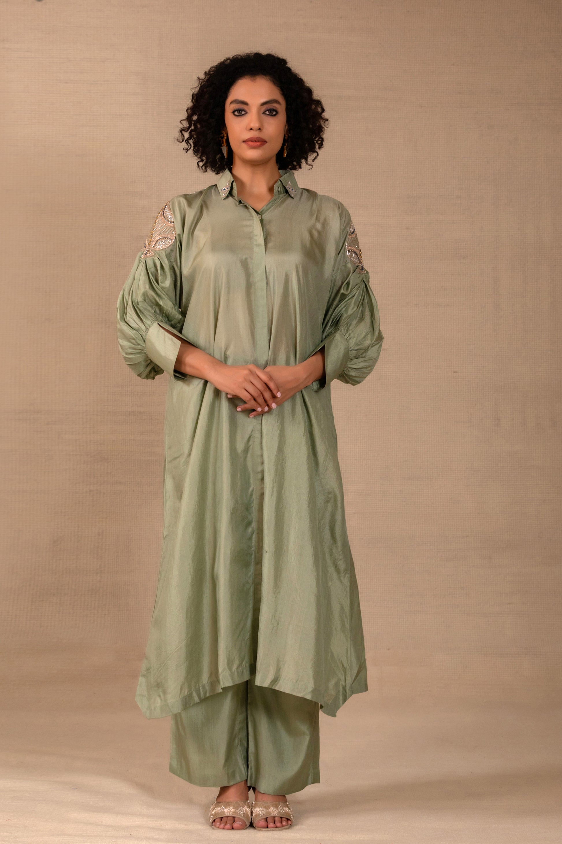 Sage pure-silk Indo-western kurta set with a side leaf motif and collar detailing — Eeda Silsila