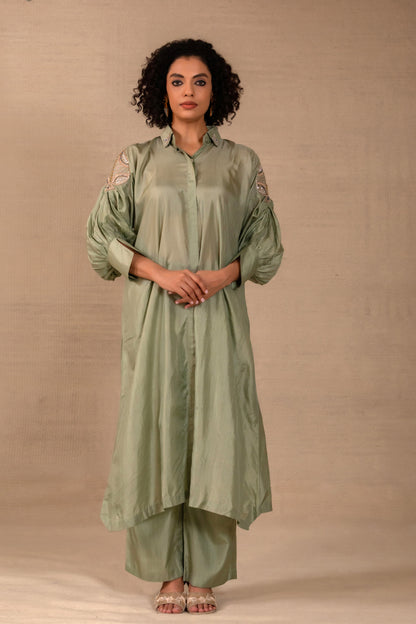 Sage pure-silk Indo-western kurta set with a side leaf motif and collar detailing — Eeda Silsila