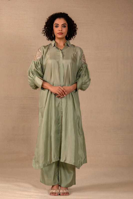 Sage pure-silk Indo-western kurta set with a side leaf motif and collar detailing — Eeda Silsila