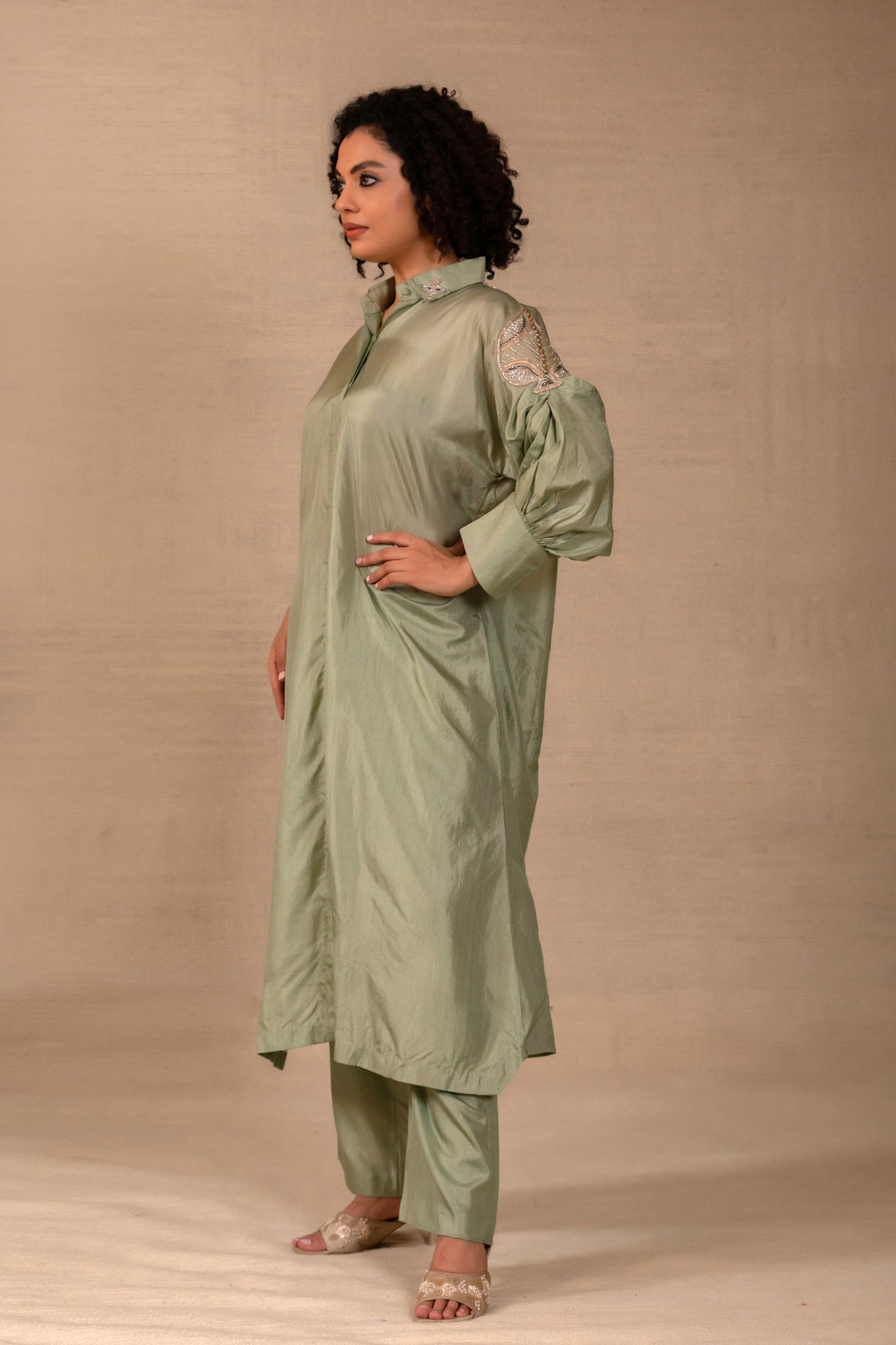 Sage green silk co-ord kurta set with straight pants and subtle collar embroidery — Eeda Silsila
