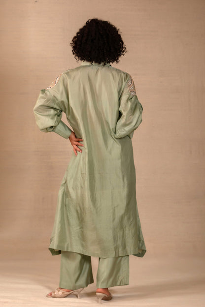 Silsila Silk LeafMotif Kurta Set - Sage