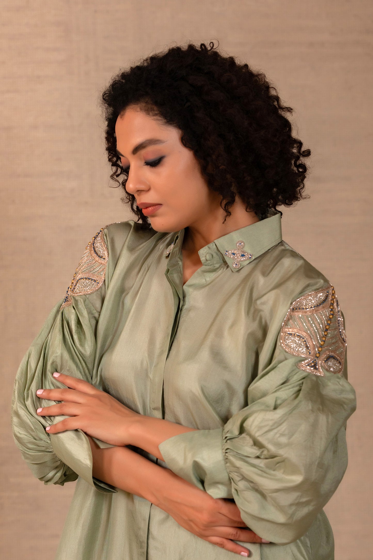 Silsila Silk LeafMotif Kurta Set - Sage