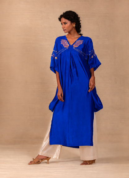 Blue Chiniya-silk paisley kaftan set with side cowls and kimono sleeves — Eeda Silsila