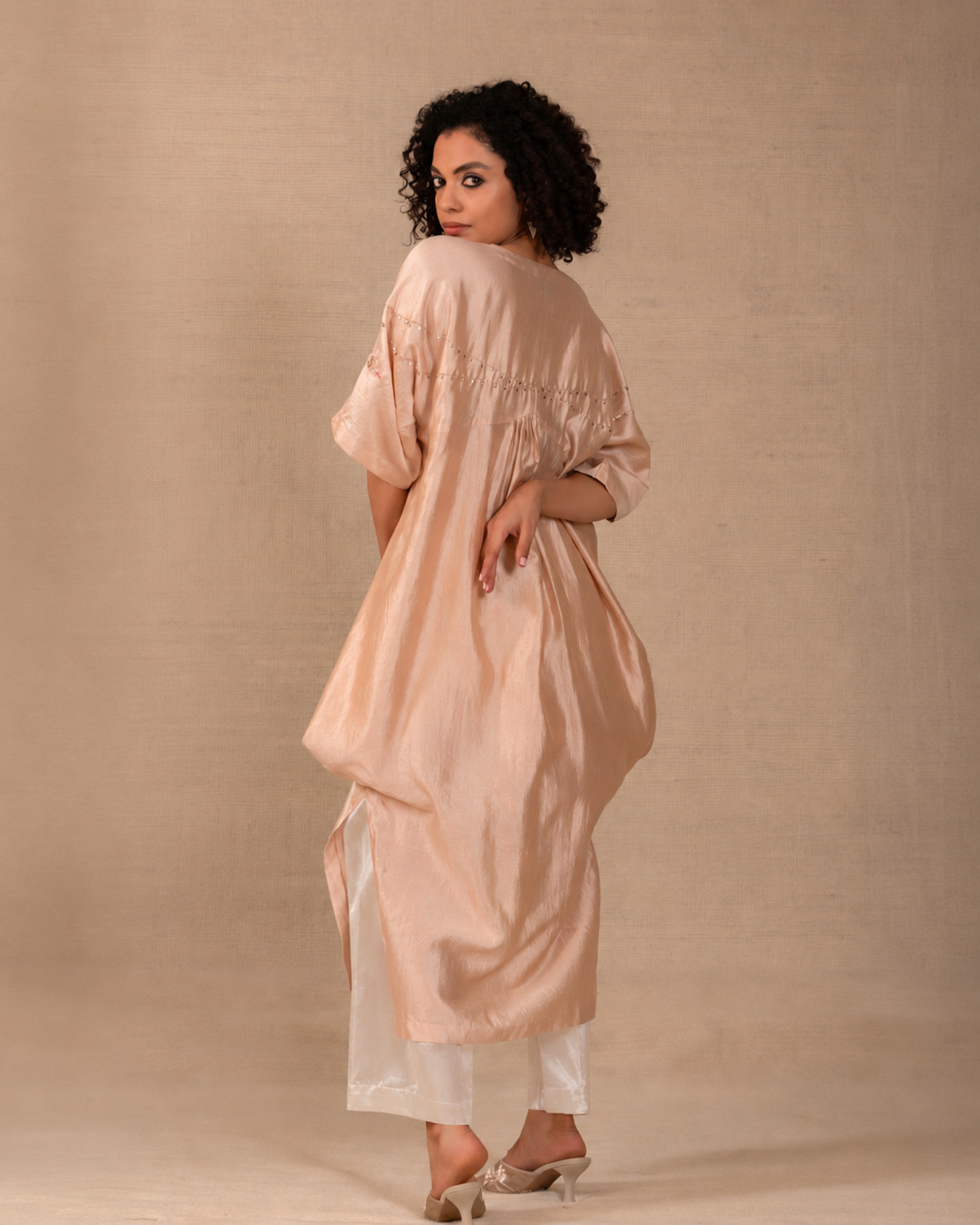 Cream silk Indo-western co-ord kaftan set with centre pleating and pants — Eeda Silsila