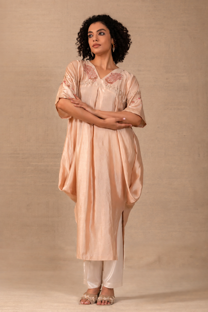 Ivory Chiniya-silk paisley kaftan set with side cowls and kimono sleeves — Eeda Silsila