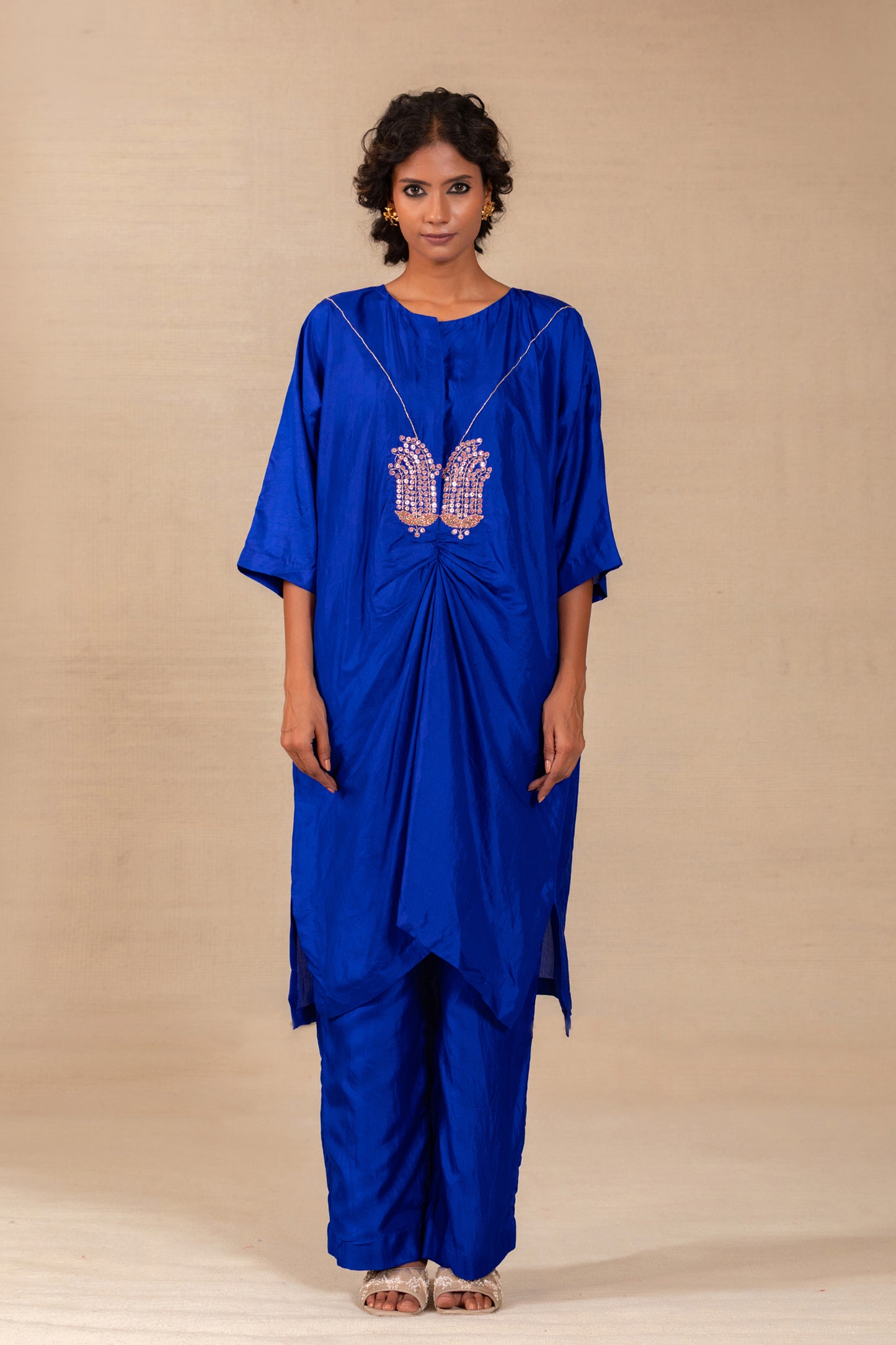 Electric blue pure-silk Indo-western kurta set with paisley motifs and a high-low hem — Eeda Silsila