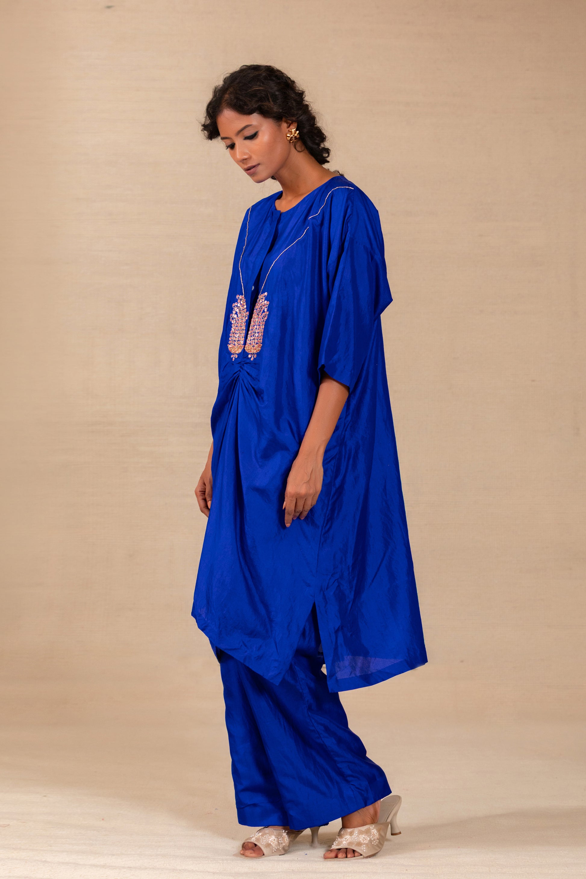 Royal blue silk co-ord kurta set with placed paisley embroidery and wide pants — Eeda Silsila