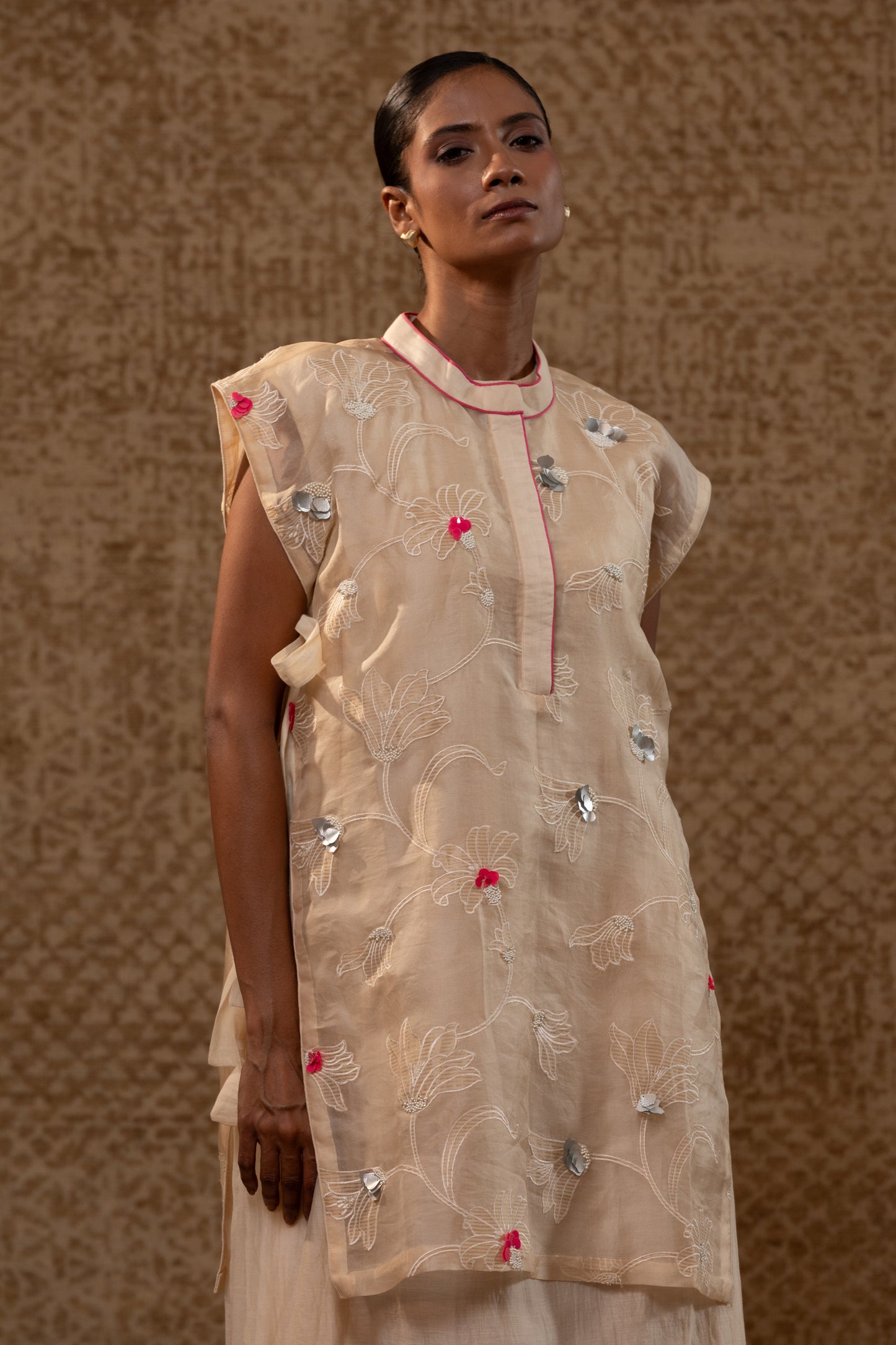 Taral A-Line Organza Applique Dress - Off-White