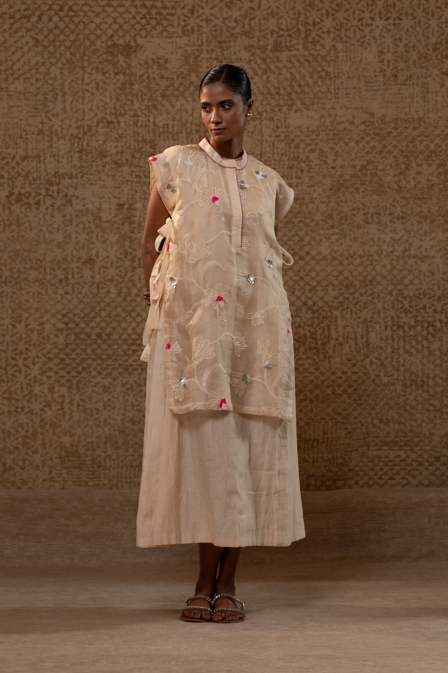 Taral A-Line Organza Applique Dress - Off-White