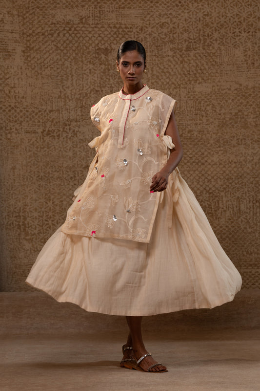 Taral A-Line Organza Applique Dress - Off-White
