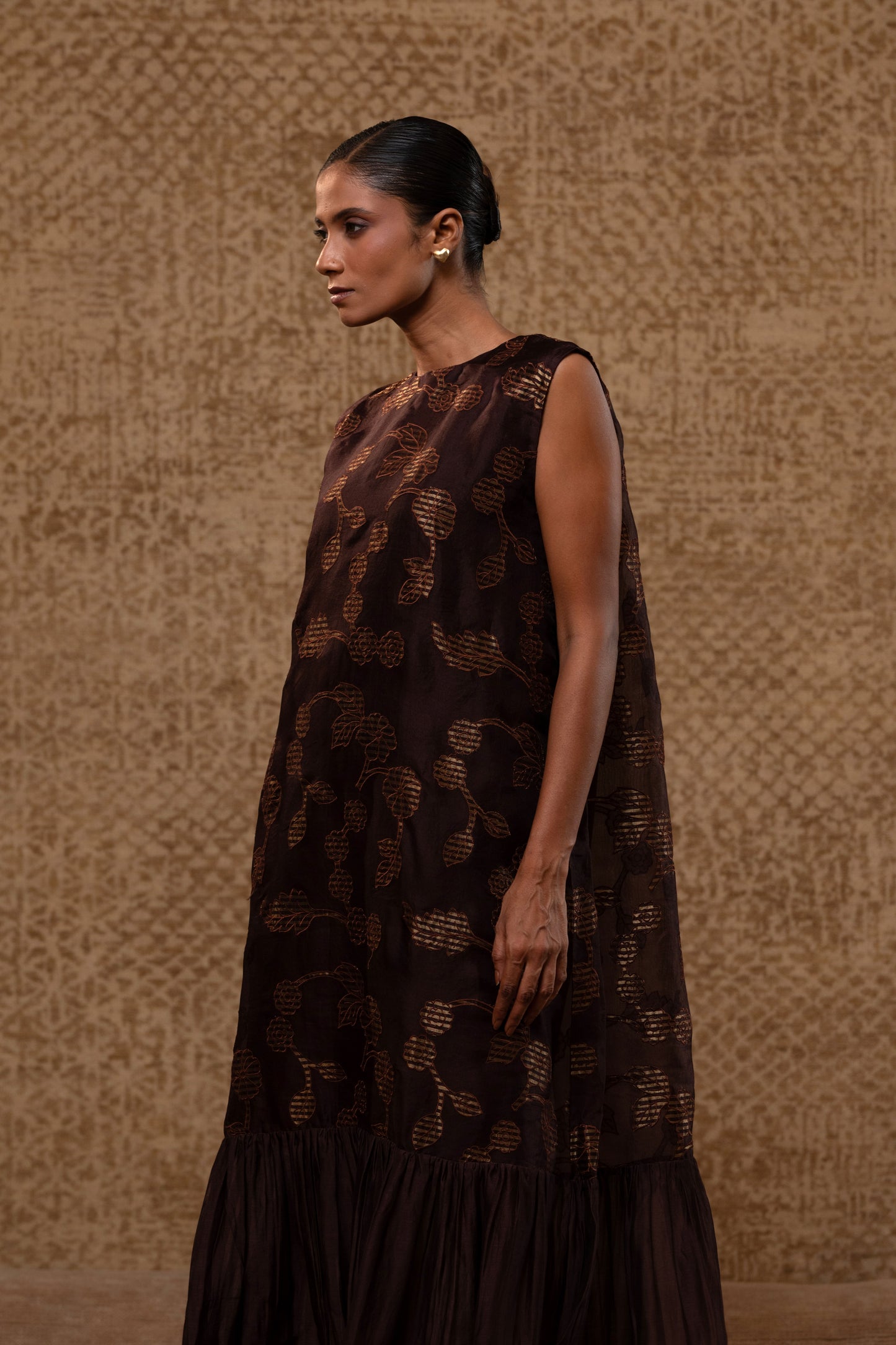 Taral Organza Applique Dress - Brown