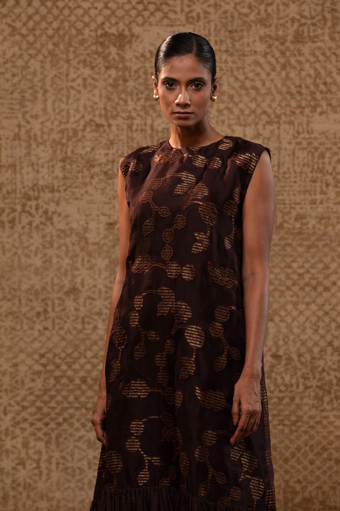 Taral Organza Applique Dress - Brown