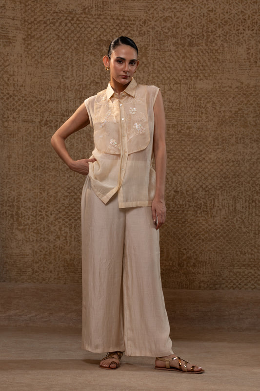 Taral Applique Yolk Shirt Set - Off-White
