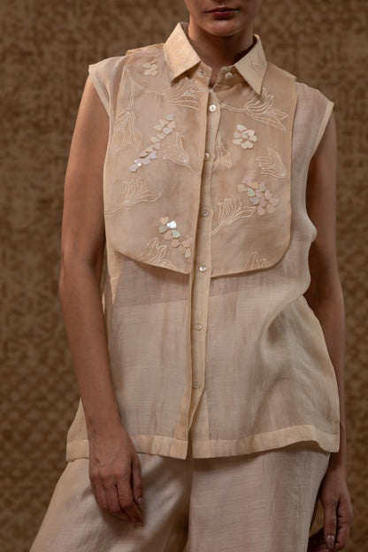 Taral Applique Yolk Shirt Set - Off-White