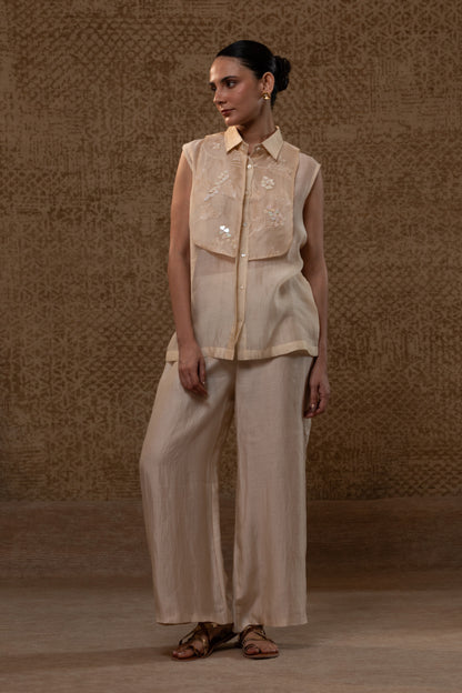 Taral Applique Yolk Shirt Set - Off-White