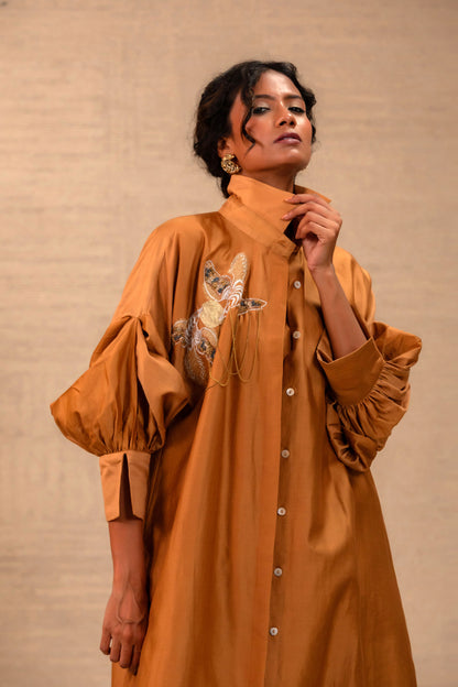Tinka Silk Chanderi Long Kaftan Set - Camel