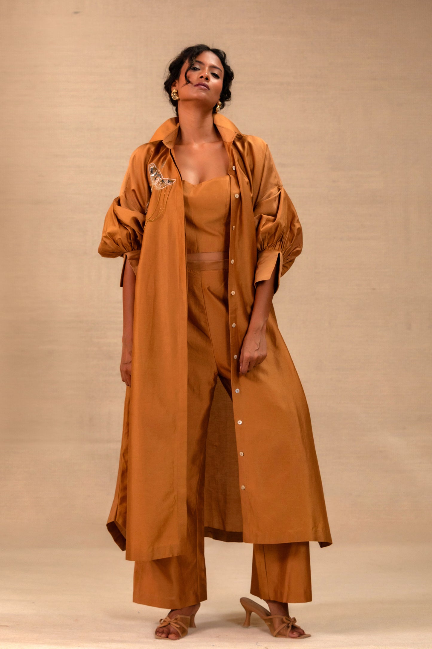 Camel Chanderi Indo-western co-ord set styled as an open trench over a bustier — Eeda Tinka