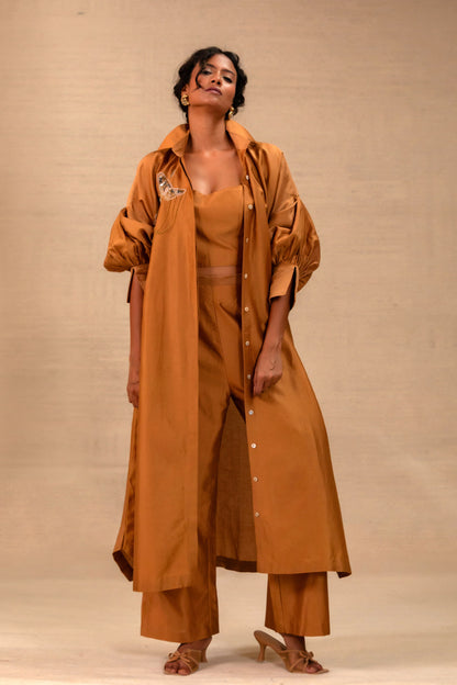 Camel Chanderi Indo-western co-ord set styled as an open trench over a bustier — Eeda Tinka