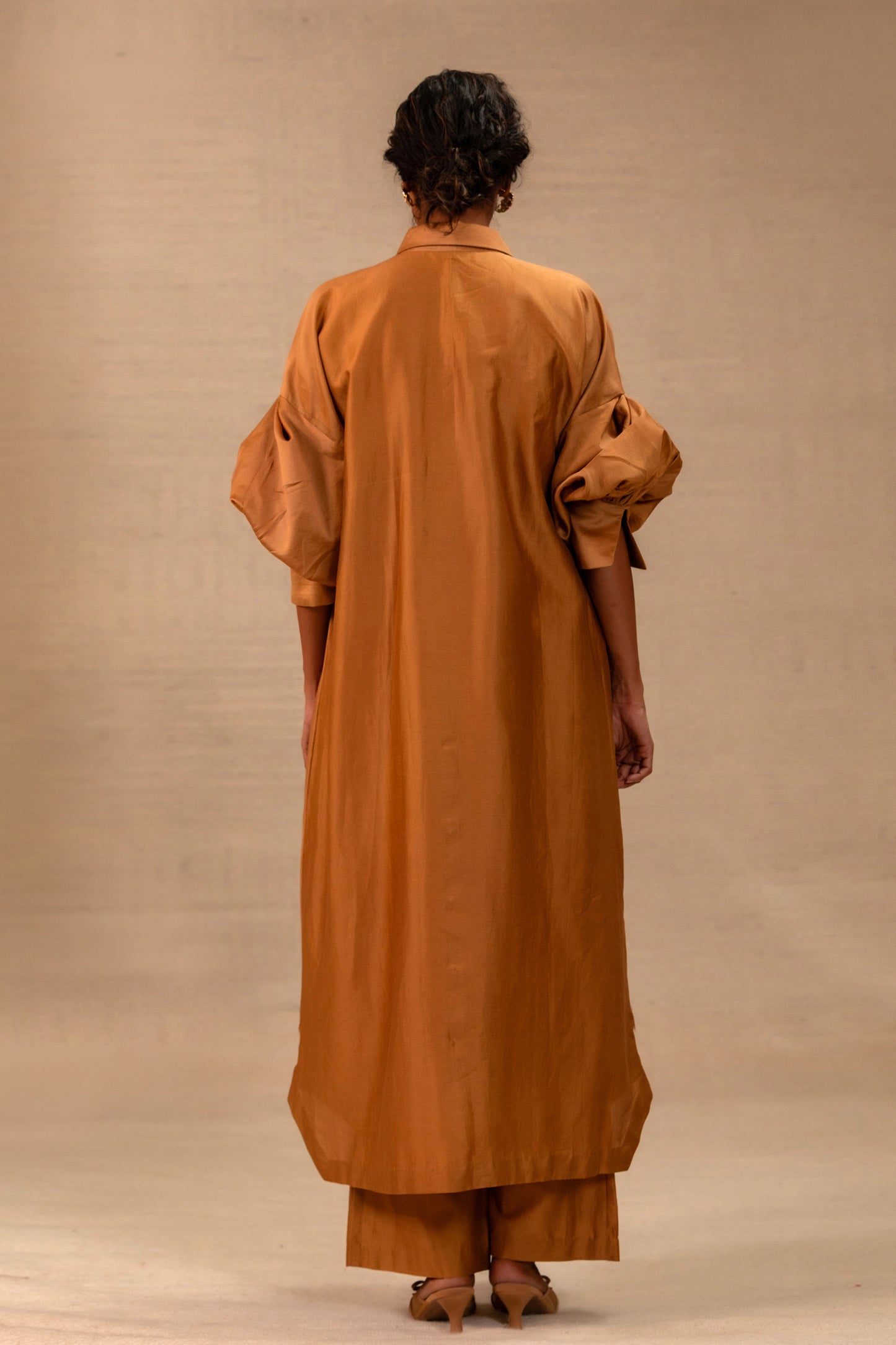 Tinka Silk Chanderi Long Kaftan Set - Camel