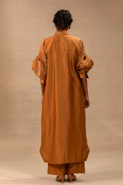 Tinka Silk Chanderi Long Kaftan Set - Camel