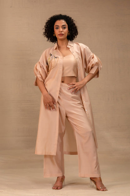 Ivory Chanderi Indo-western co-ord set styled as an open trench over a bustier — Eeda Tinka