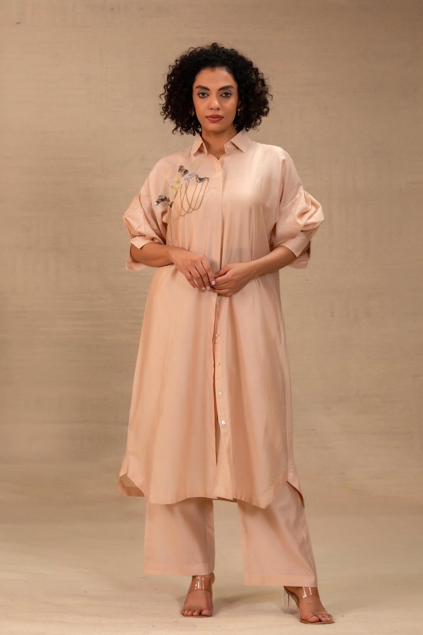 Ivory Chanderi 3-piece set with bustier, pants and a trench-style long layer — Eeda Tinka