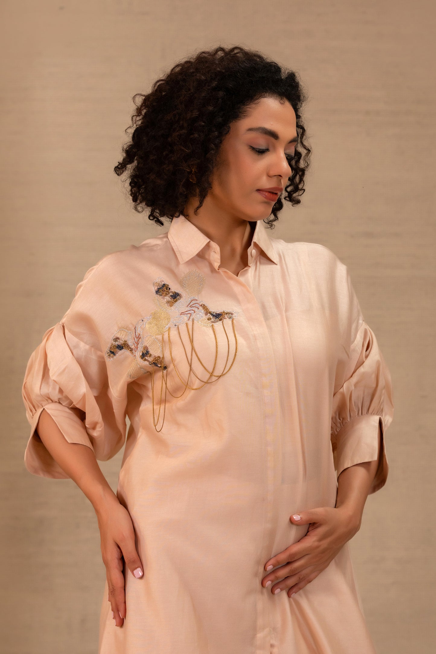 Tinka Silk Chanderi Long Kaftan Set - Ivory