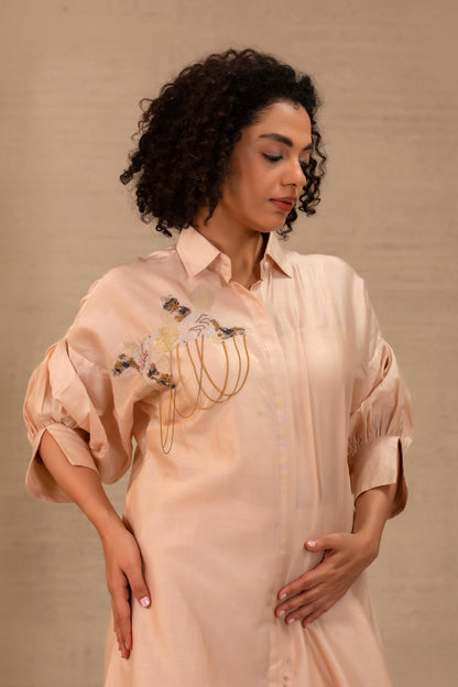 Tinka Silk Chanderi Long Kaftan Set - Ivory