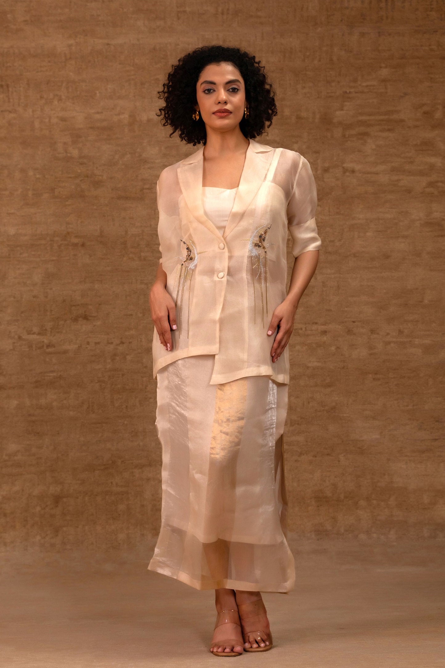 Ivory organza jacket set with hand embroidery, chain detailing and a tissue skirt — Eeda Tinka