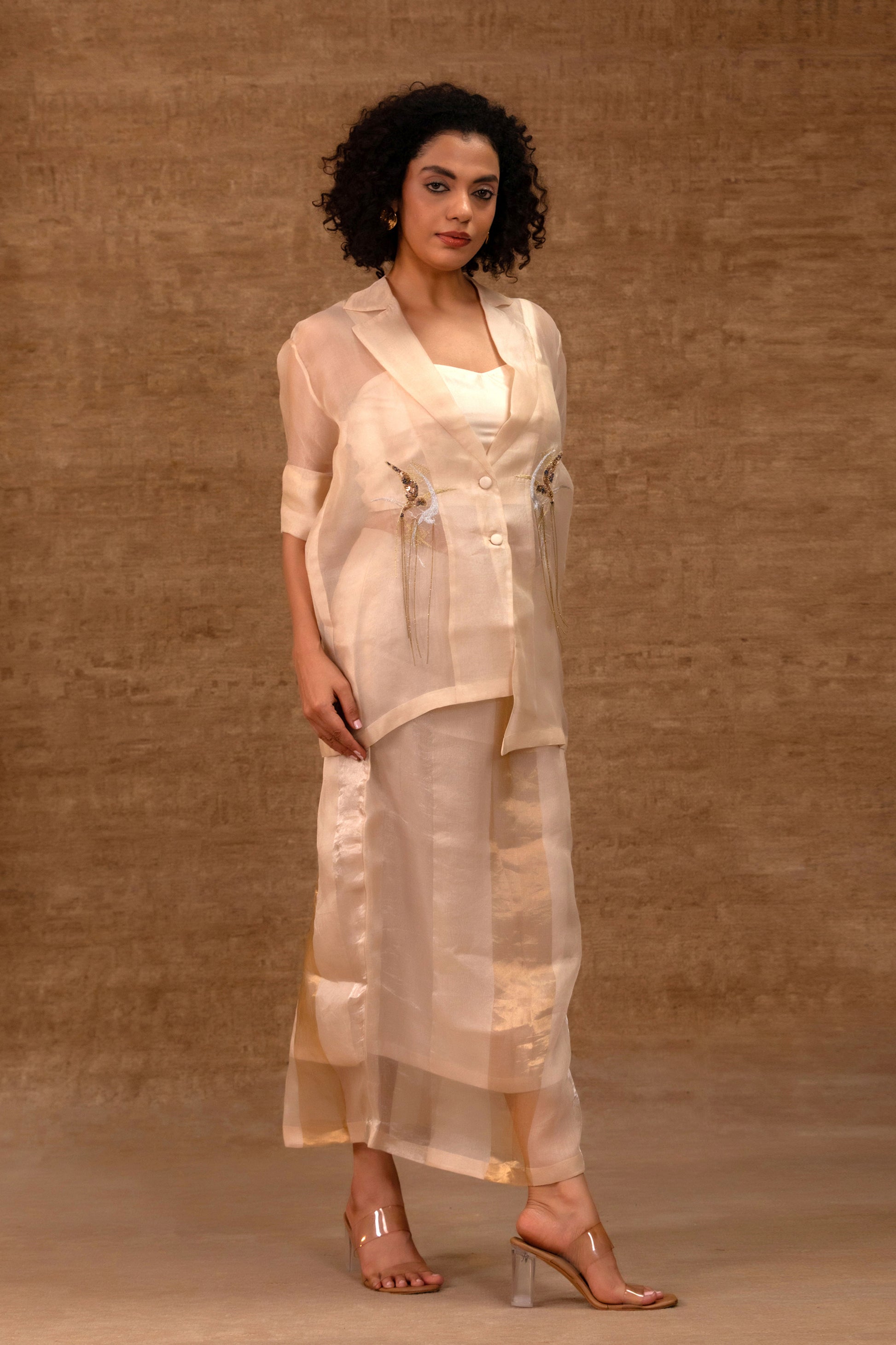 Ivory Indo-western organza jacket and skirt set for festive occasions — Eeda Tinka