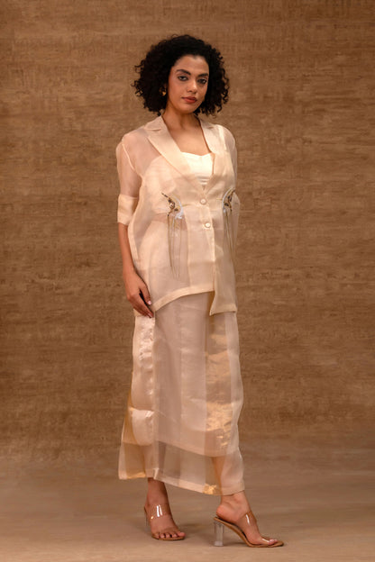 Ivory Indo-western organza jacket and skirt set for festive occasions — Eeda Tinka
