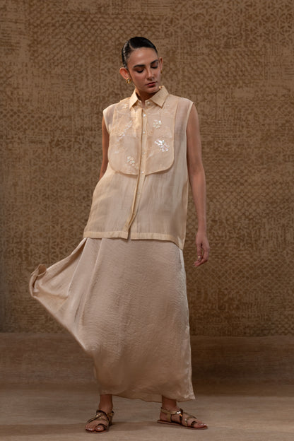 Taral Applique Yolk Shirt Skirt Set - Off-White