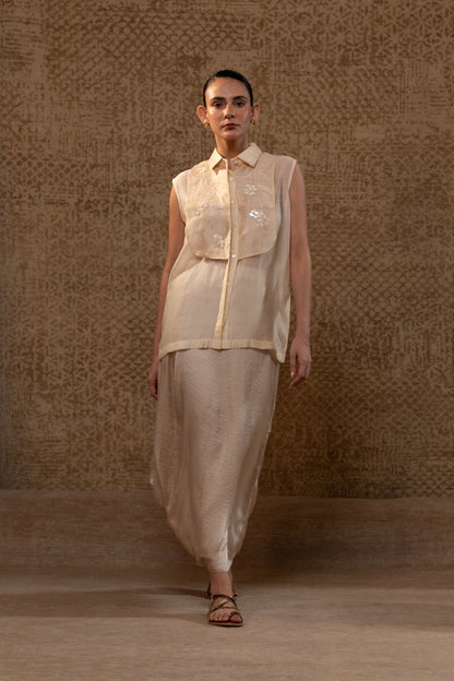 Taral Applique Yolk Shirt Skirt Set - Off-White